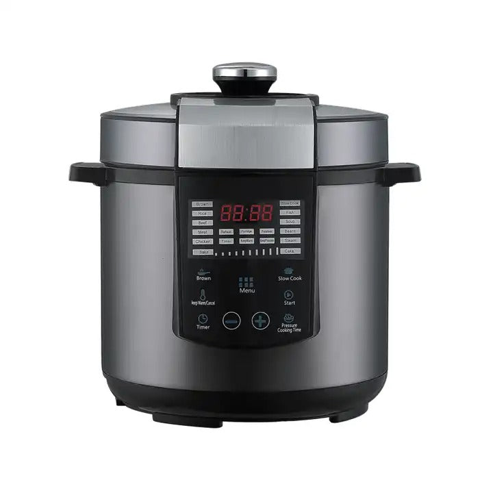 A black multi-pressure cooker with a digital control panel displayed frontally.