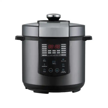 A black multi-pressure cooker with a digital control panel displayed frontally.