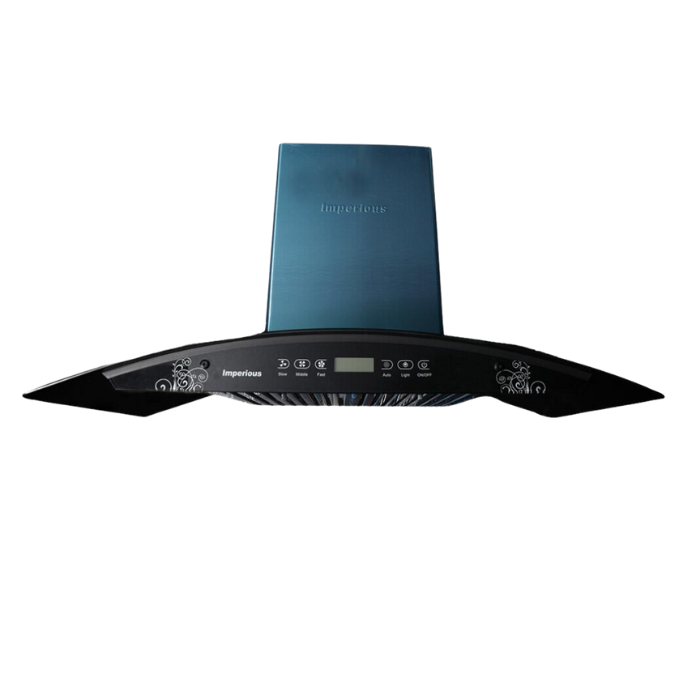 A black IMPERIOUS glass cooker hood with a digital display, designed for mounting above a kitchen stove.