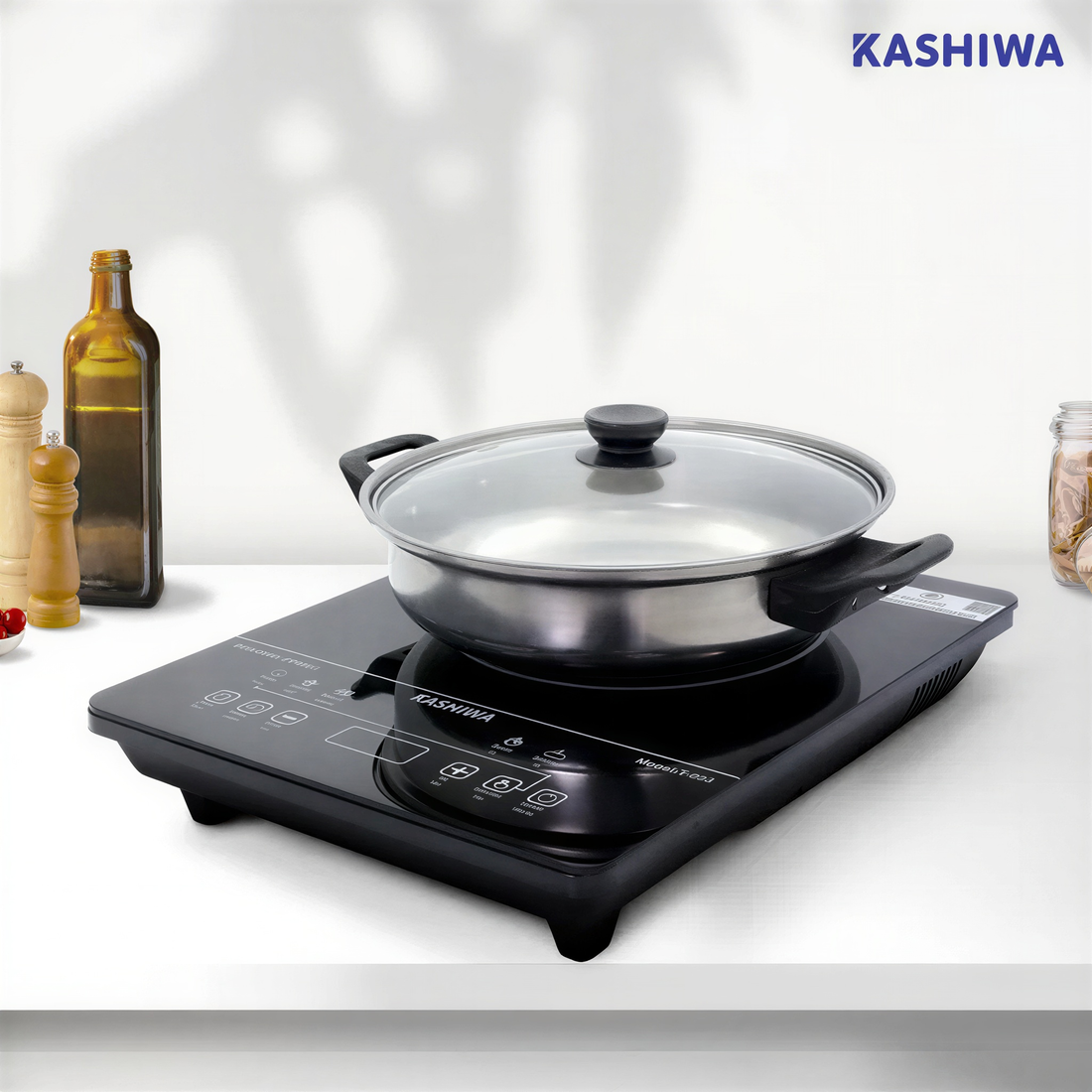 A black KASHIWA induction cooker with a touch control panel and a round cooking surface.