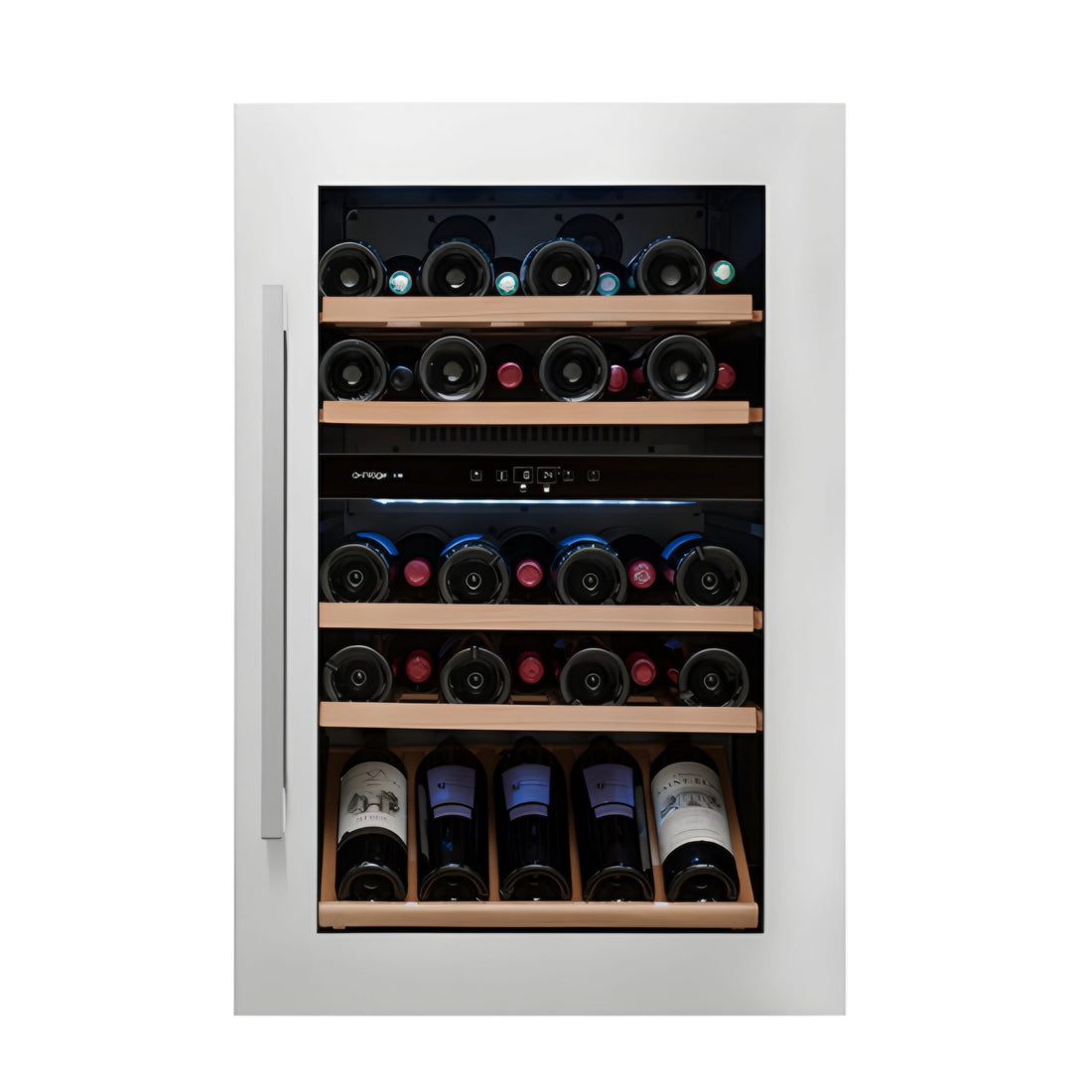 A free-standing electric wine cooler with a glass door and stainless steel frame, filled with wine bottles.