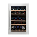 A free-standing electric wine cooler with a glass door and stainless steel frame, filled with wine bottles.