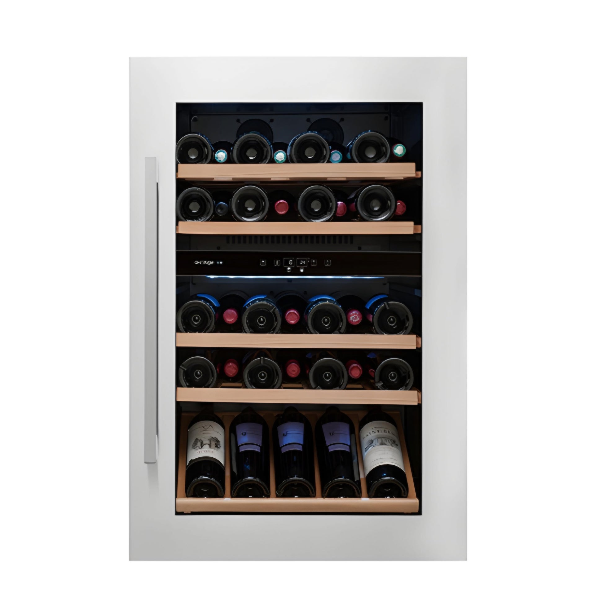 A free-standing electric wine cooler with a glass door and stainless steel frame, filled with wine bottles.