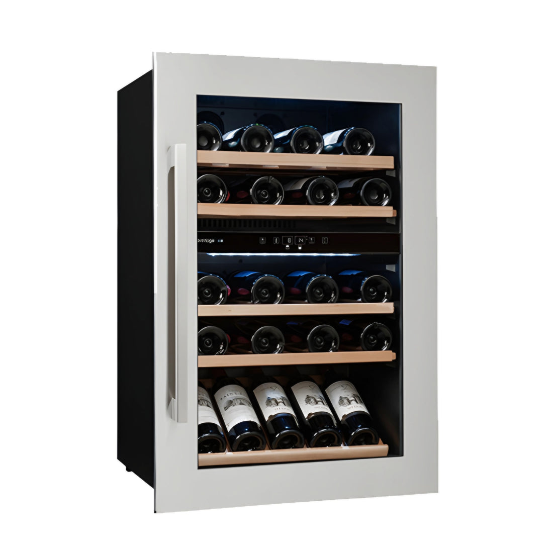 A free-standing electric wine cooler with a glass door and stainless steel frame, filled with wine bottles.