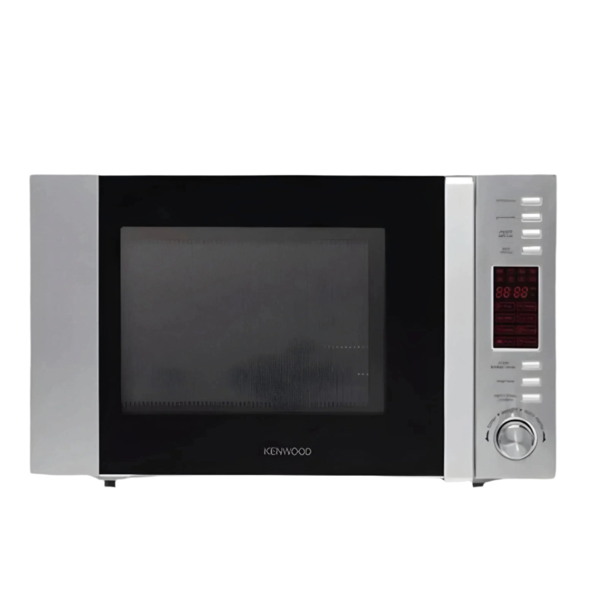 KENWOOD 30L Microwave Oven with Grill in silver color, featuring a left-hinge door and digital display.
