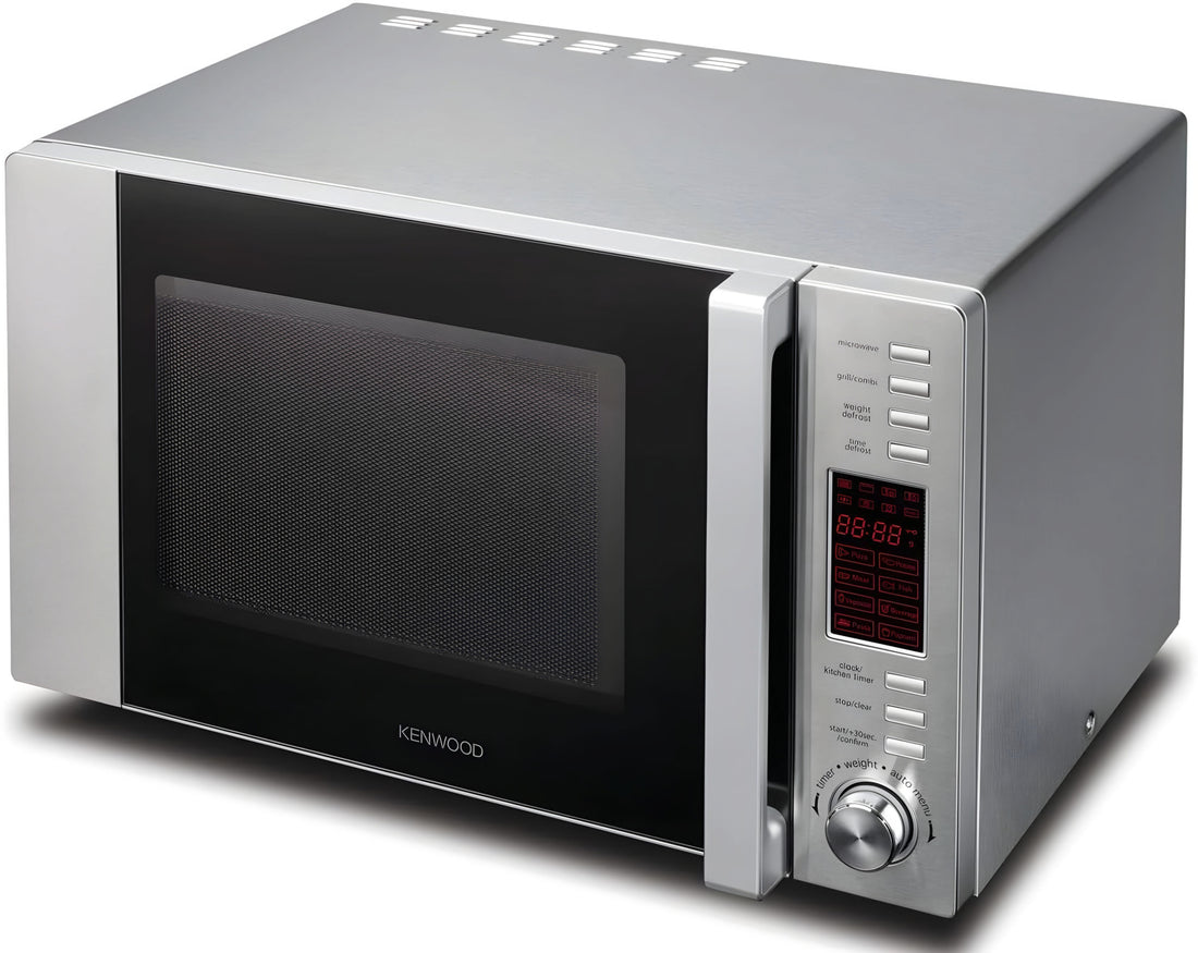 KENWOOD 30L Microwave Oven with Grill in silver color, featuring a left-hinge door and digital display.