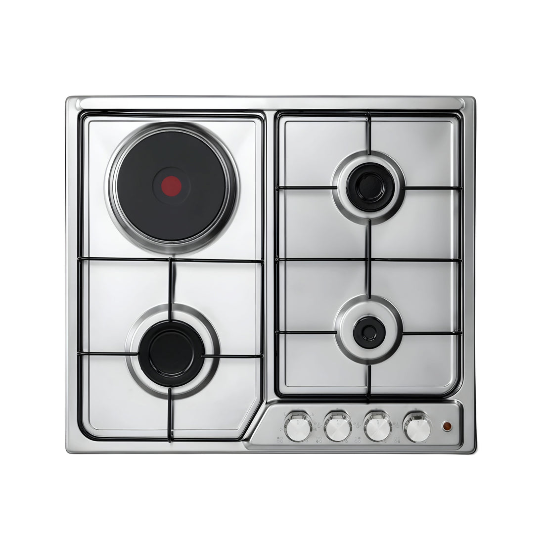 A stainless steel KITCHEN HOME gas cooker with three burners and a hotplate, featuring a sleek in-built design.