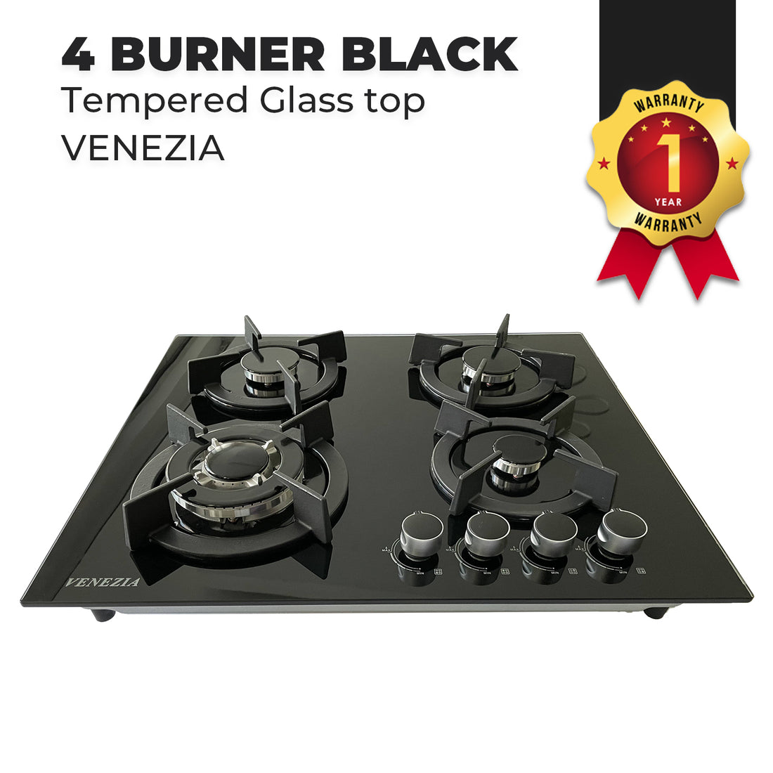 Venezia 60cm 4 Burner Black Tempered Glass Gas Cooker - 46013G2