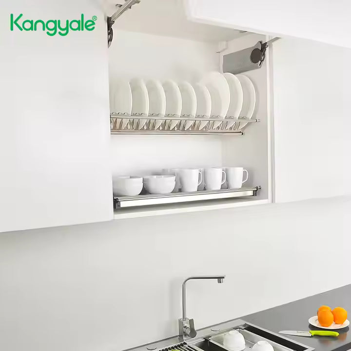 Kangyale kitchen cabinet with dish rack and white dishes inside