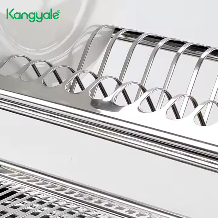 Stainless steel dish rack with Kangyale branding on a white background
