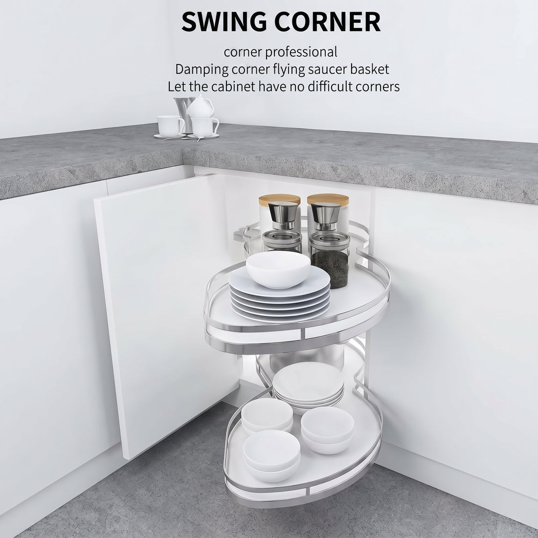 A stainless steel corner cabinet organizer with multiple shelves, containing pots and a cutting board, installed in a white kitchen cabinet.