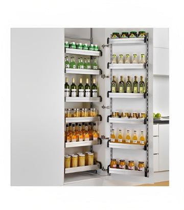 A stainless steel Kangyale kitchen larder unit with multiple shelves, railings, and fittings, storing various bottles and jars.