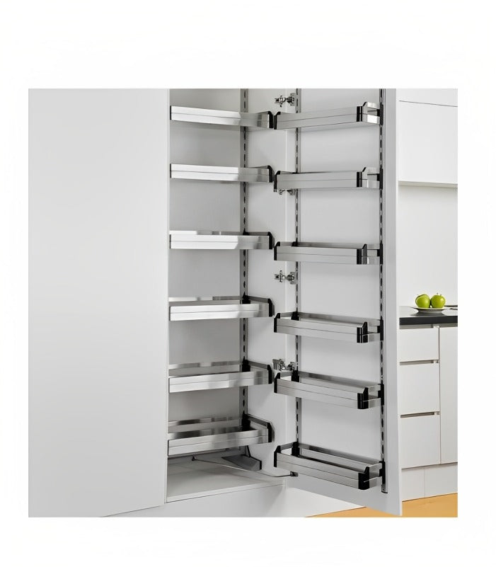 A stainless steel Kangyale kitchen larder unit with multiple shelves, railings, and fittings, storing various bottles and jars.