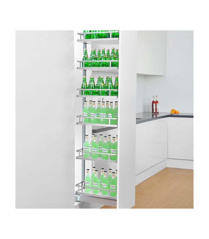 Stainless steel kitchen storage rack mounted on the inside of a refrigerator door, with bottles of beverage on the rack.