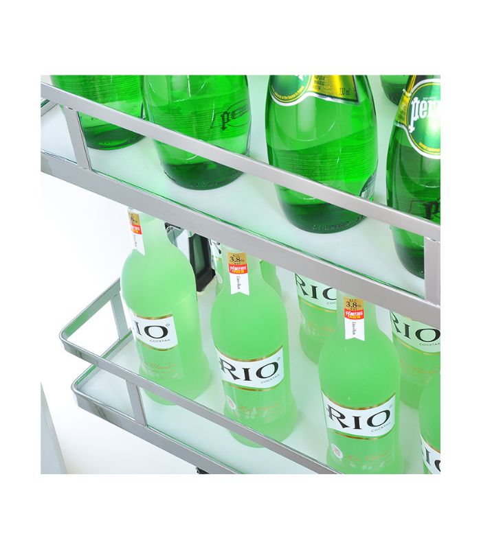Stainless steel kitchen storage rack mounted on the inside of a refrigerator door, with bottles of beverage on the rack.