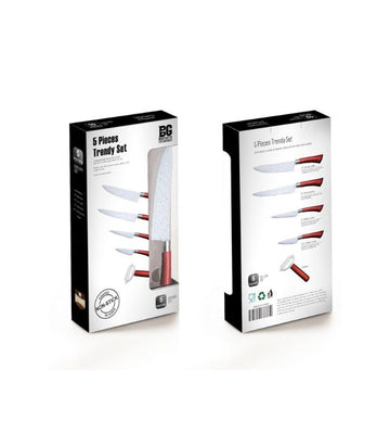A 5-piece kitchen knife set packaging, displaying a knife with a white handle and a red non-stick coating, along with three additional knives with black handles. The packaging has text and images showing the knives being used for various tasks.