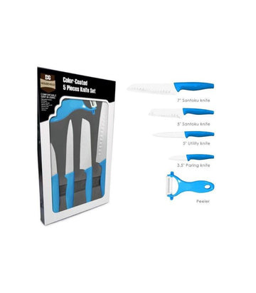 A 5-piece kitchen knife set with stainless steel blades and blue handles, displayed in its packaging.