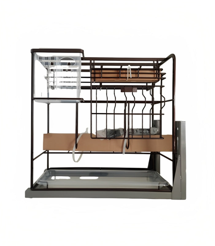 A pull-out cabinet organizer made of stainless steel with multiple shelves, in a brown color, intended for use in a kitchen.