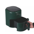 Green trash bin with a lid being opened by a hand on a white background
