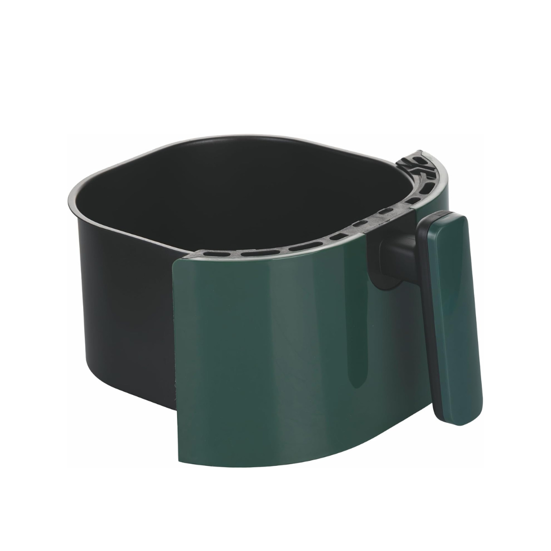 Green and black plastic container with a handle on a white background