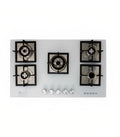 A white 84cm 5 burner gas cooker with glass tops and a modern design.