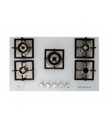 A white 84cm 5 burner gas cooker with glass tops and a modern design.