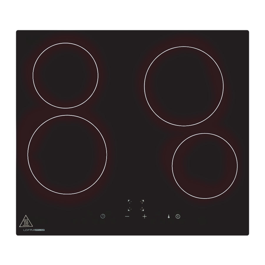 A 6000W ceramic cooktop with 9 heat levels, featuring a sleek black design with four burners and a tempered glass surface.