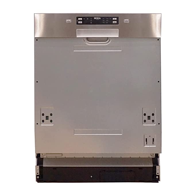 A built-in silver semi-automatic dishwasher with a digital display.