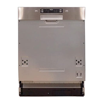 A built-in silver semi-automatic dishwasher with a digital display.