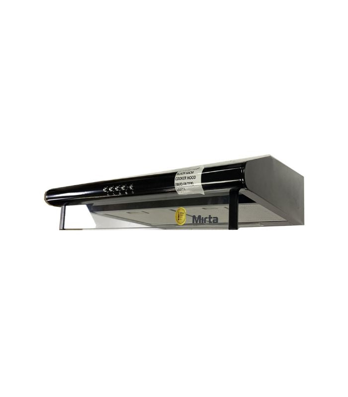 A slim, black, 60cm wide range hood with a coated finish stainless steel appearance, featuring the Mirta brand logo.