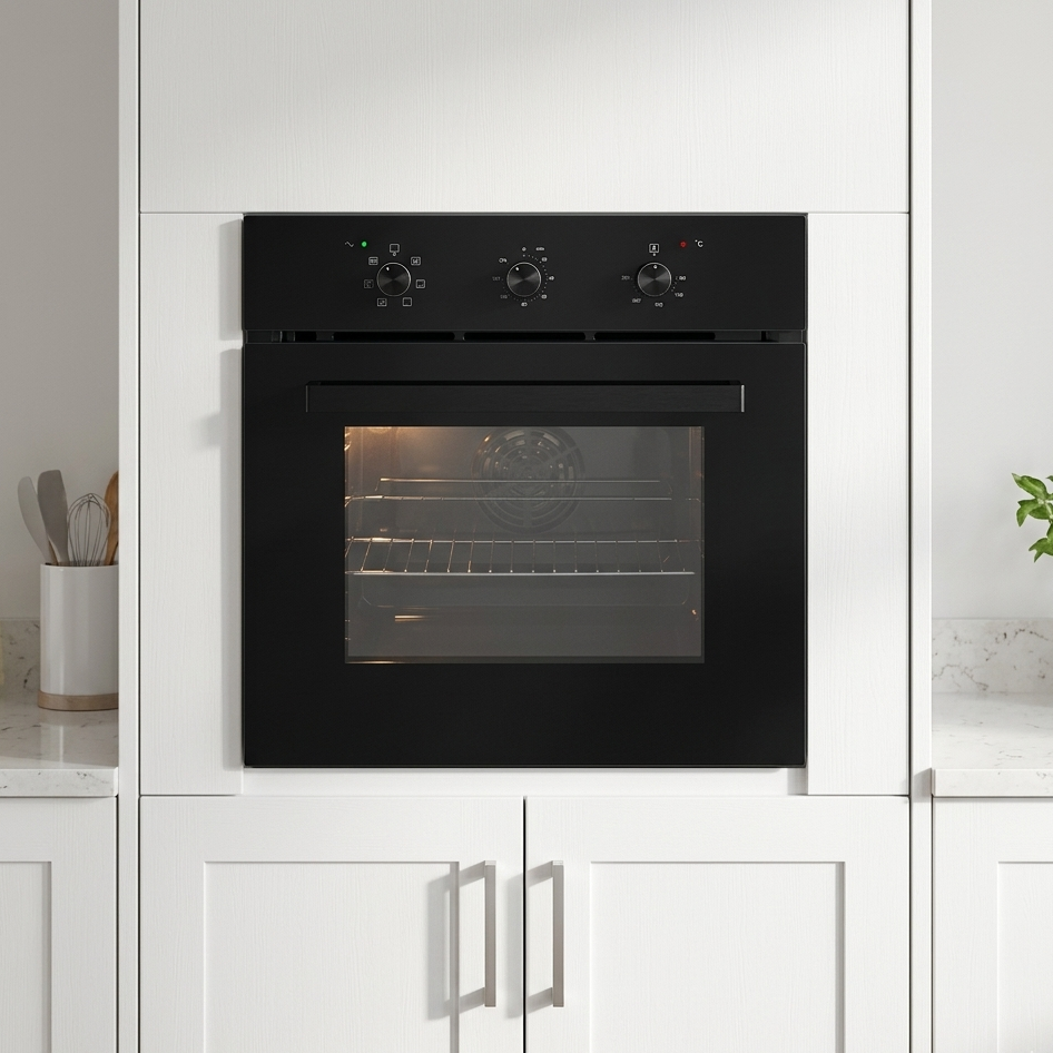 Black oven in a modern kitchen with white cabinets and a plant.