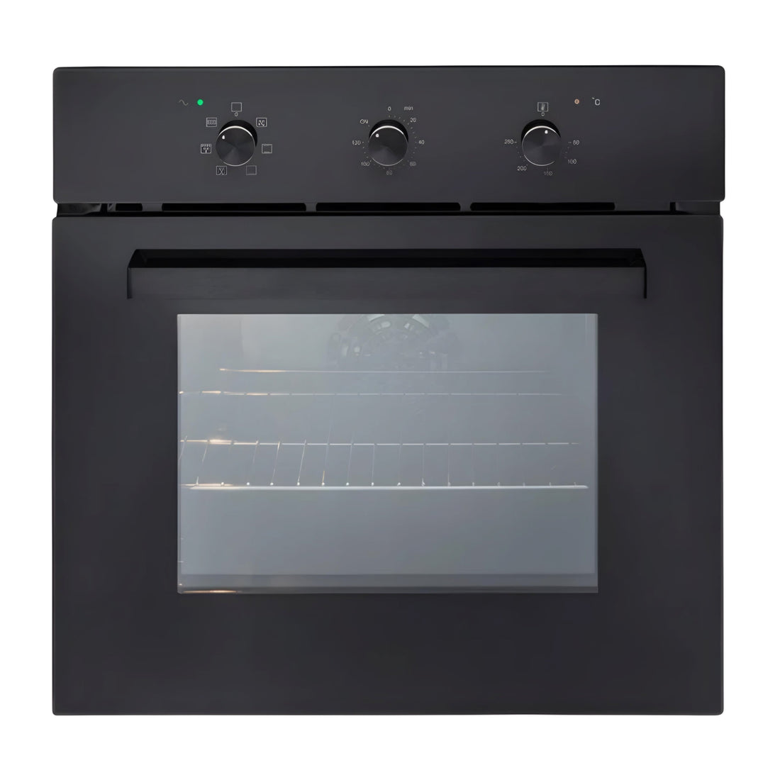 A black built-in oven with a glass door and control knobs on the top.