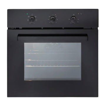 A black built-in oven with a glass door and control knobs on the top.