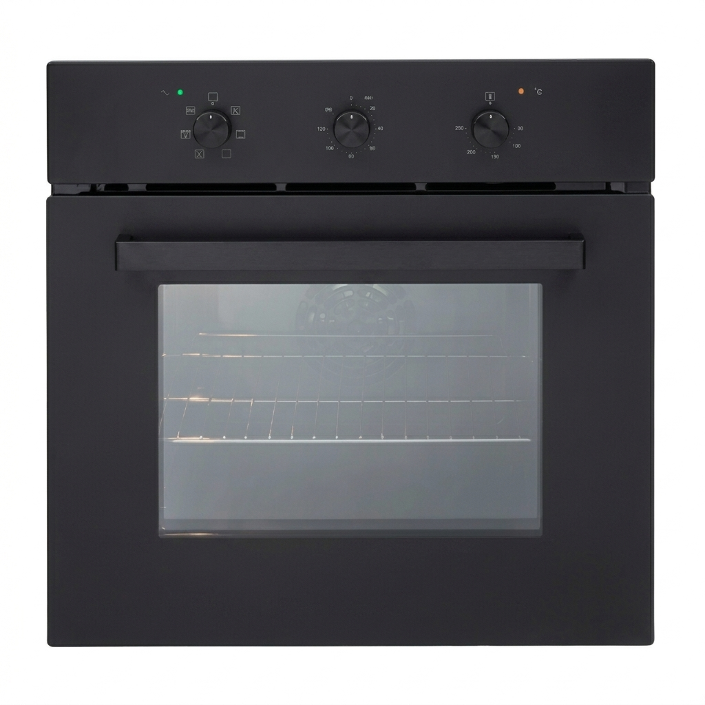 Black oven with glass door on a white background