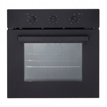 Black oven with glass door on a white background
