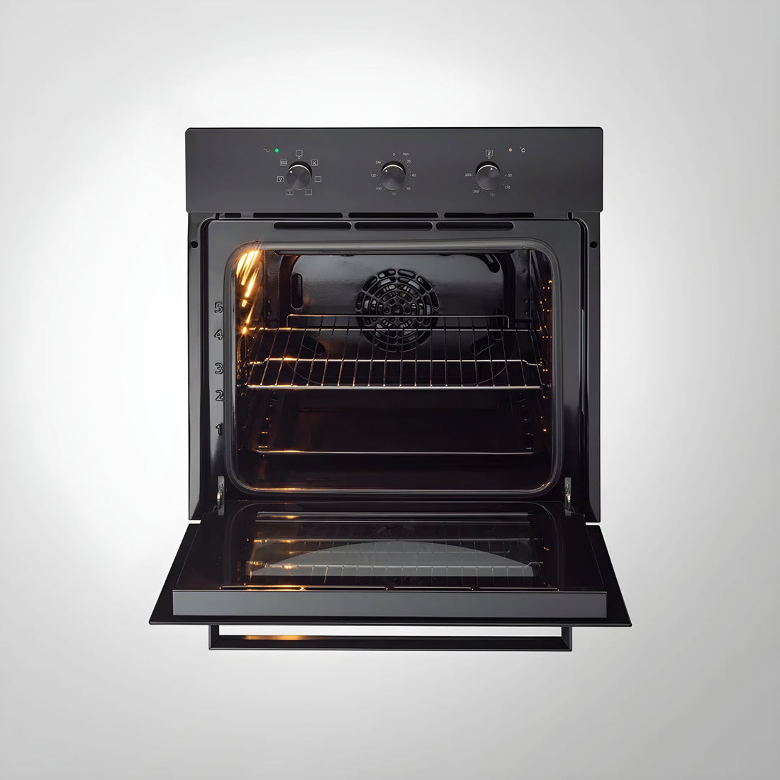 A black built-in oven with a glass door and control knobs on the top.