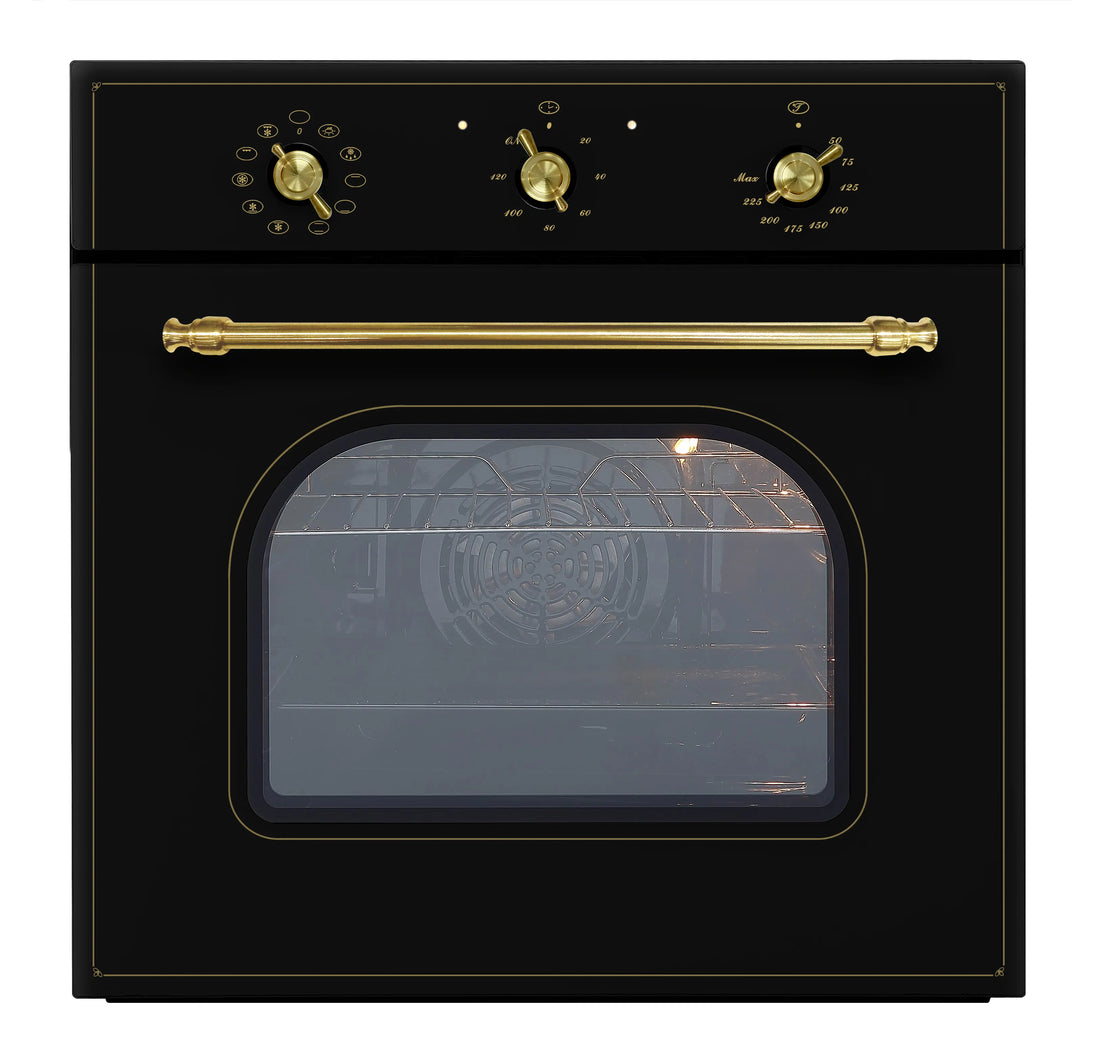 A black built-in oven with a glass door, gold-colored knobs, and a gold-colored handle.