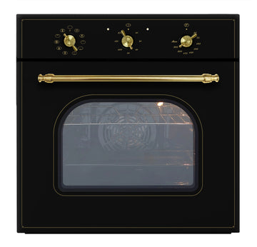 A black built-in oven with a glass door, gold-colored knobs, and a gold-colored handle.