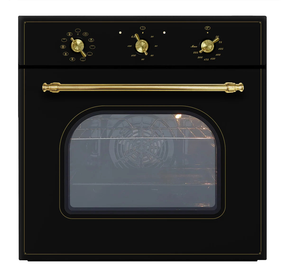 Black oven with gold handles and knobs on a white background