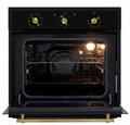 Black oven with open door showing interior, on a white background