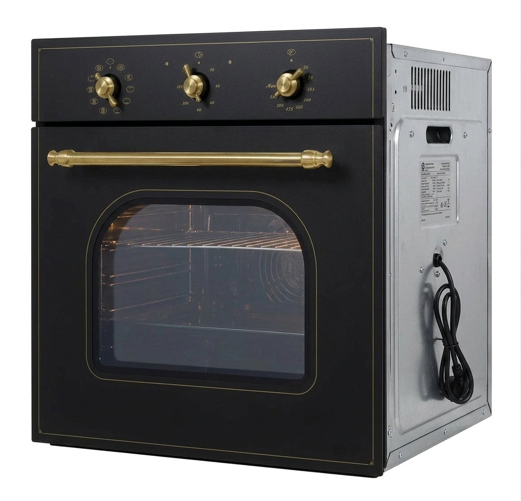 Black oven with gold handles on a white background