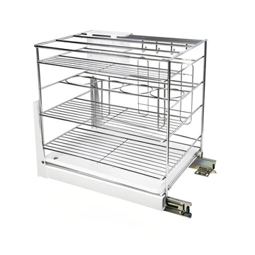 A sleek silver multi-purpose pull-out kitchen rack with a smooth finish and a visible pull-out mechanism.