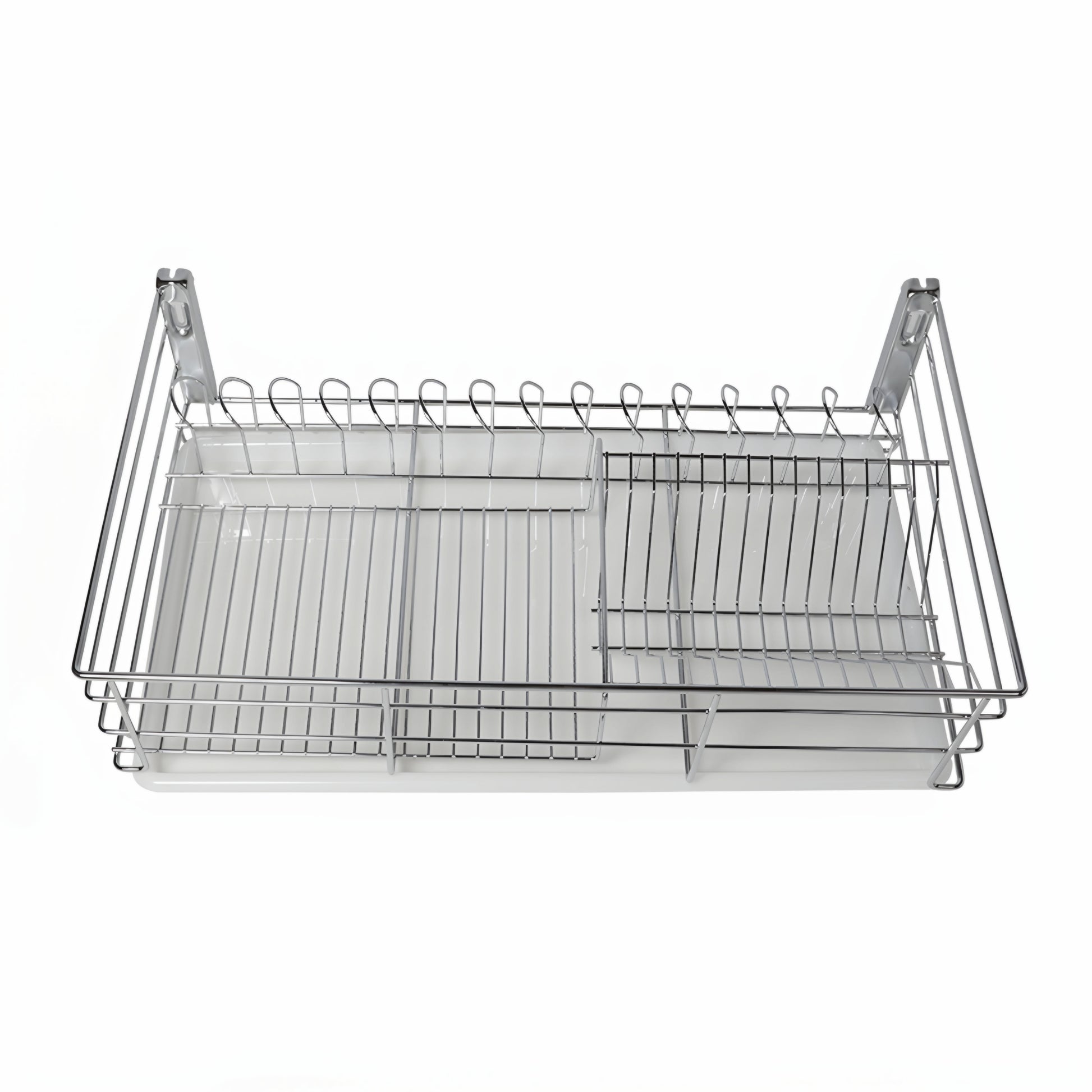 A silver wire pull out drawer basket designed for organizing kitchen utensils and cookware.