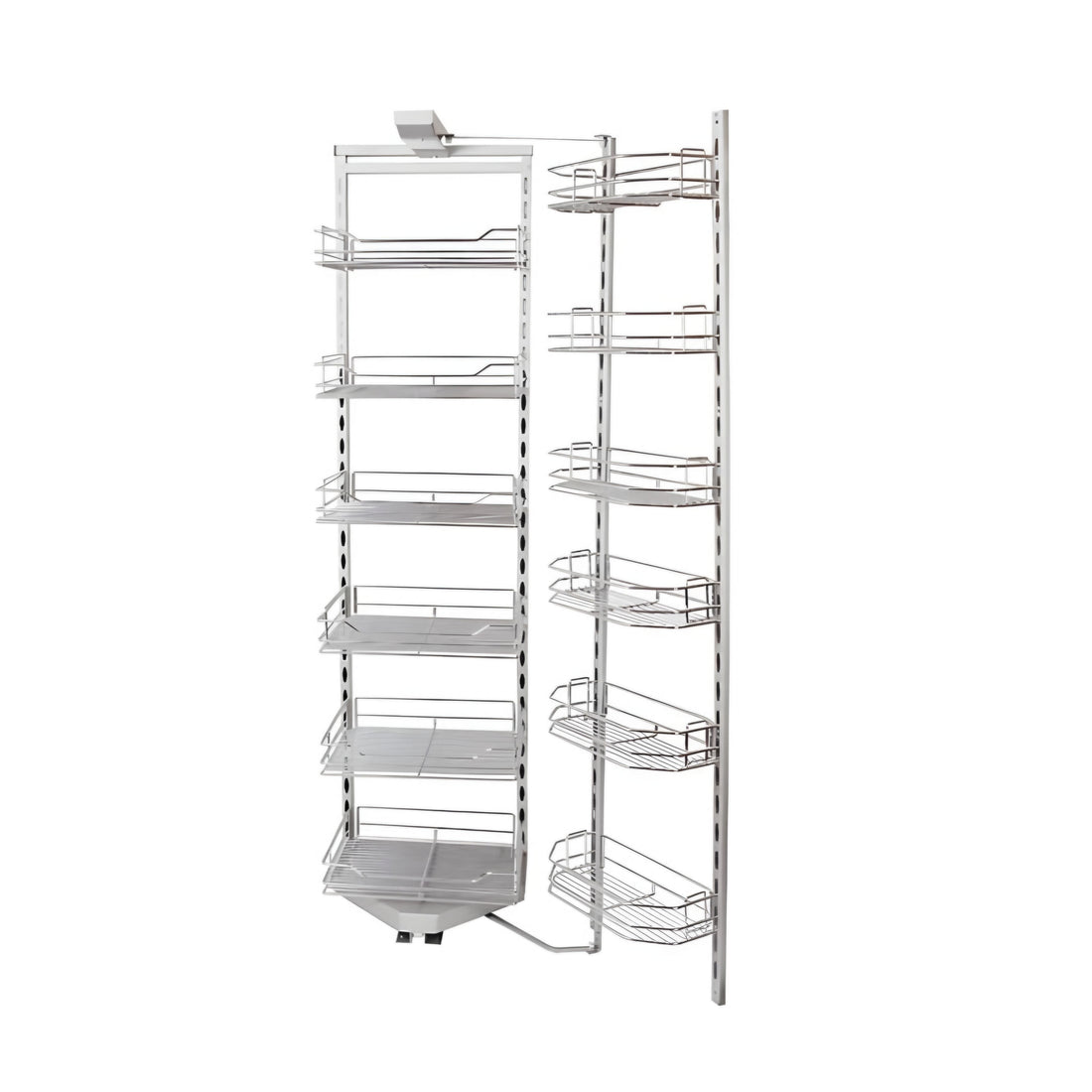 A chrome-plated kitchen larder rack with multiple shelves and rungs, designed for storing kitchen utensils and other items.
