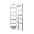 A chrome-plated kitchen larder rack with multiple shelves and rungs, designed for storing kitchen utensils and other items.