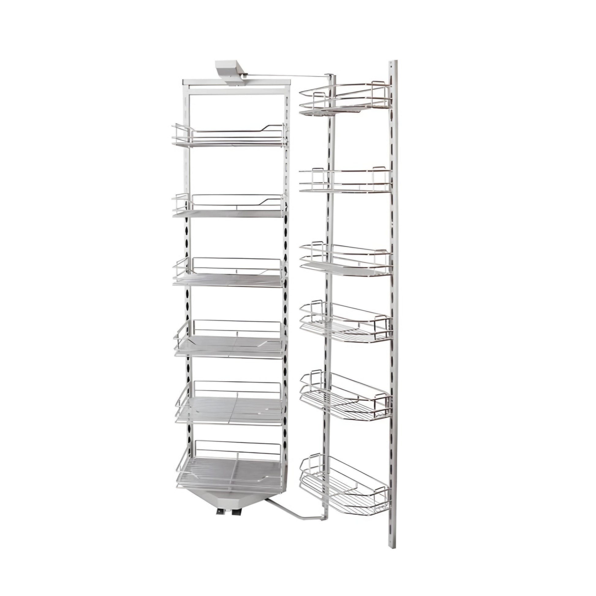 A chrome-plated kitchen larder rack with multiple shelves and rungs, designed for storing kitchen utensils and other items.