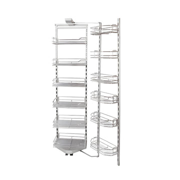 A chrome-plated kitchen larder rack with multiple shelves and rungs, designed for storing kitchen utensils and other items.