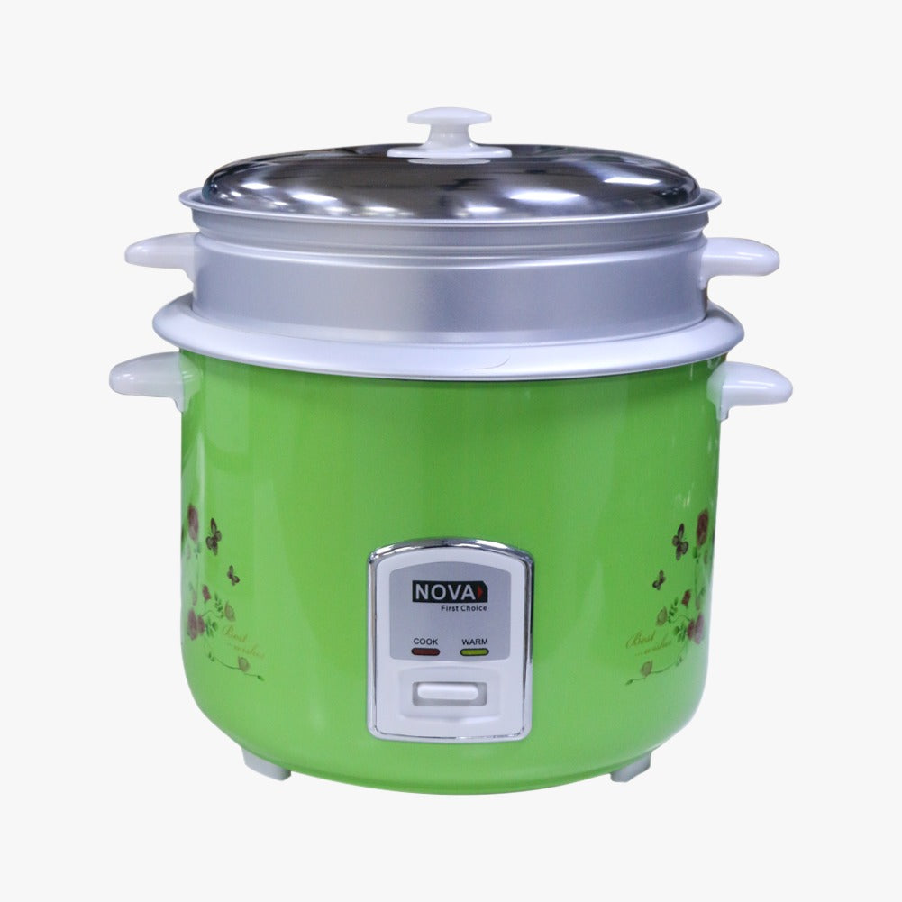 A green NOVA Multifunction Rice Cooker with a digital display and white lid.