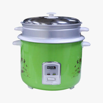 A green NOVA Multifunction Rice Cooker with a digital display and white lid.