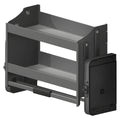 A black alloy pull down elevator basket with a mobile phone placed in it, showcasing its storage space and mechanism.